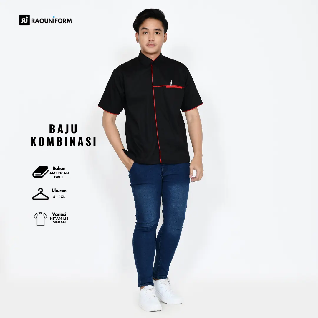 Kemeja Kantor Pria/Kemeja Seragam/Seragam Kerja American Drill/Baju Kerja Murah/Kemeja Tangan Pendek/Seragam Kantor Karyawan/Kemeja Seragam Promosi Biru Bordir Kombinasi Wearpack Safety