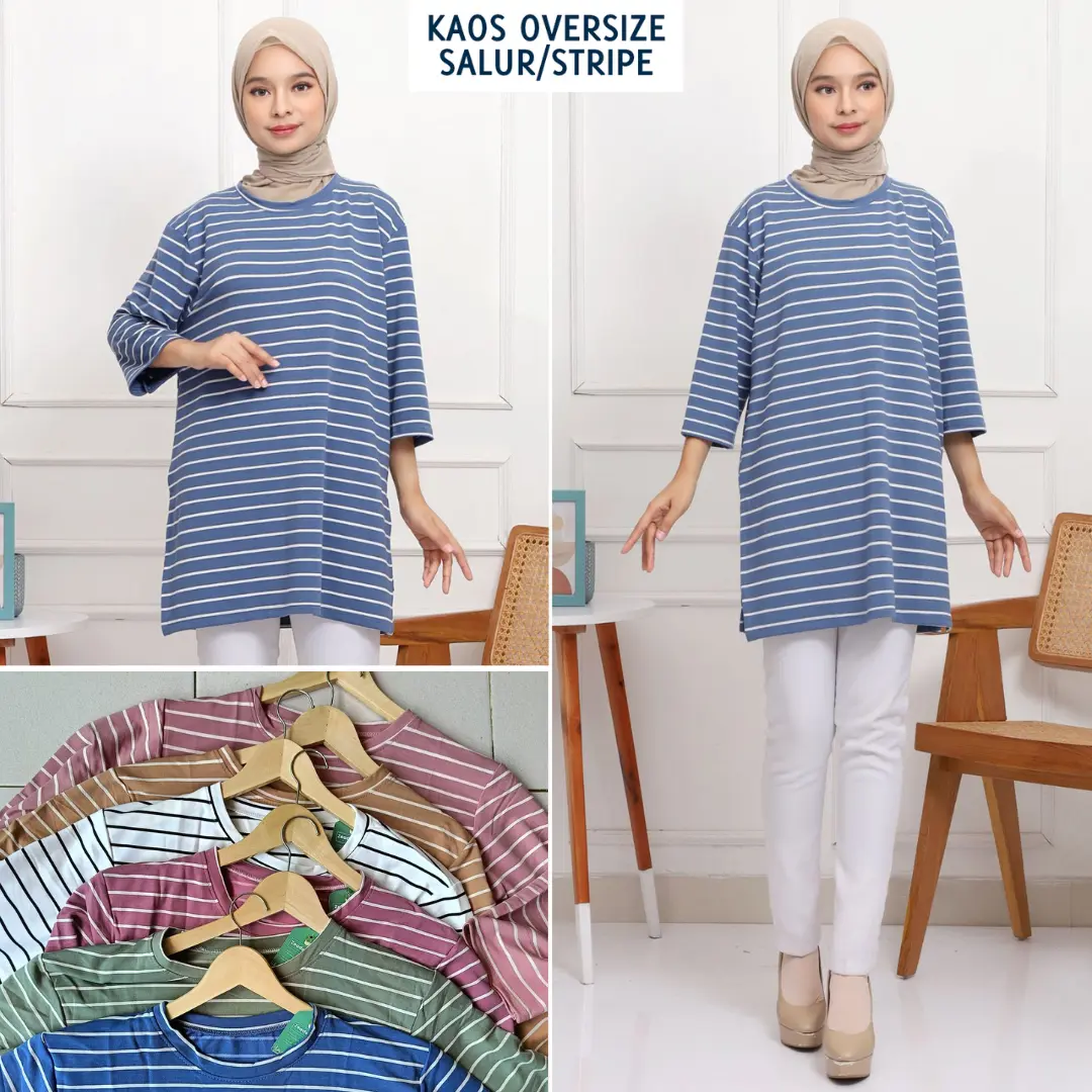 Kaos Wanita Stripe Oversize LD 120cm Model Simpel Kekinian