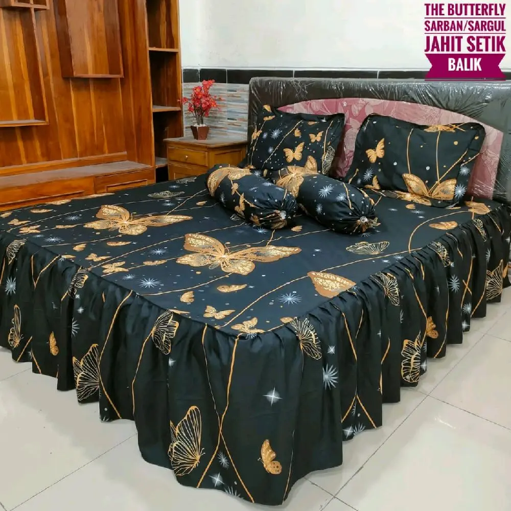 Sprei Rumbai Homemade Katun Disperse Jumbo 200cmx200cm dengan Karet Tebal dan 2 Sarung Bantal Rempel dan 2 Guling Pojok Karet
