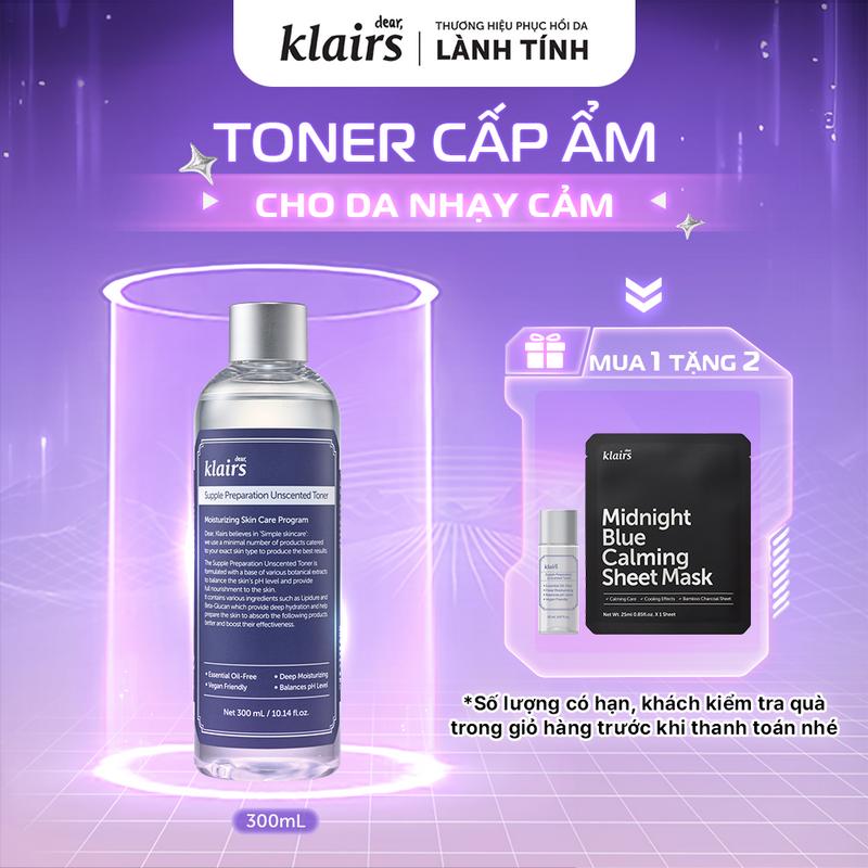   ĐQ  Nước hoa hồng Dear Klairs Supple Preparation Unscented Toner hỗ trợ cấp ẩm 300ml 