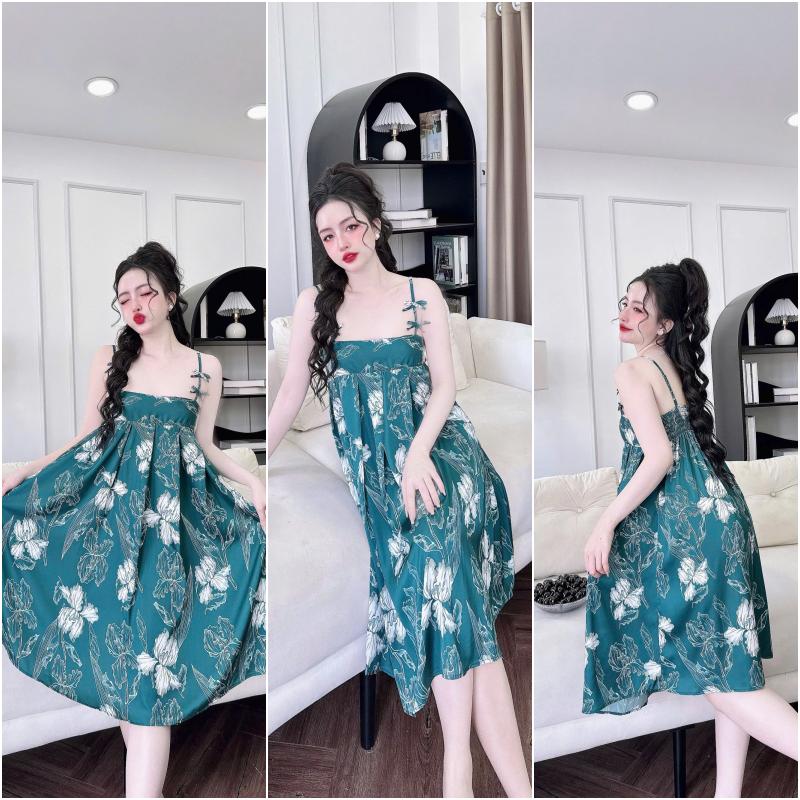 Product Introduction of (Kèm quần) Đầm ngủ lụa xếp ly ngự đính nơ dễ thương chất latin mềm mịn in họa tiết dễ thương 40-65kg 7