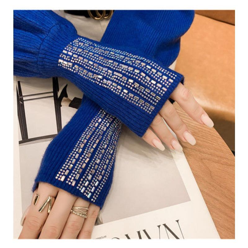 Product Introduction of Solid Color Diamonds Turtleneck  Sweaters Autumn Winter Female Commute Fashion Lantern Sleeve Thick Knitted Jumpers 7
