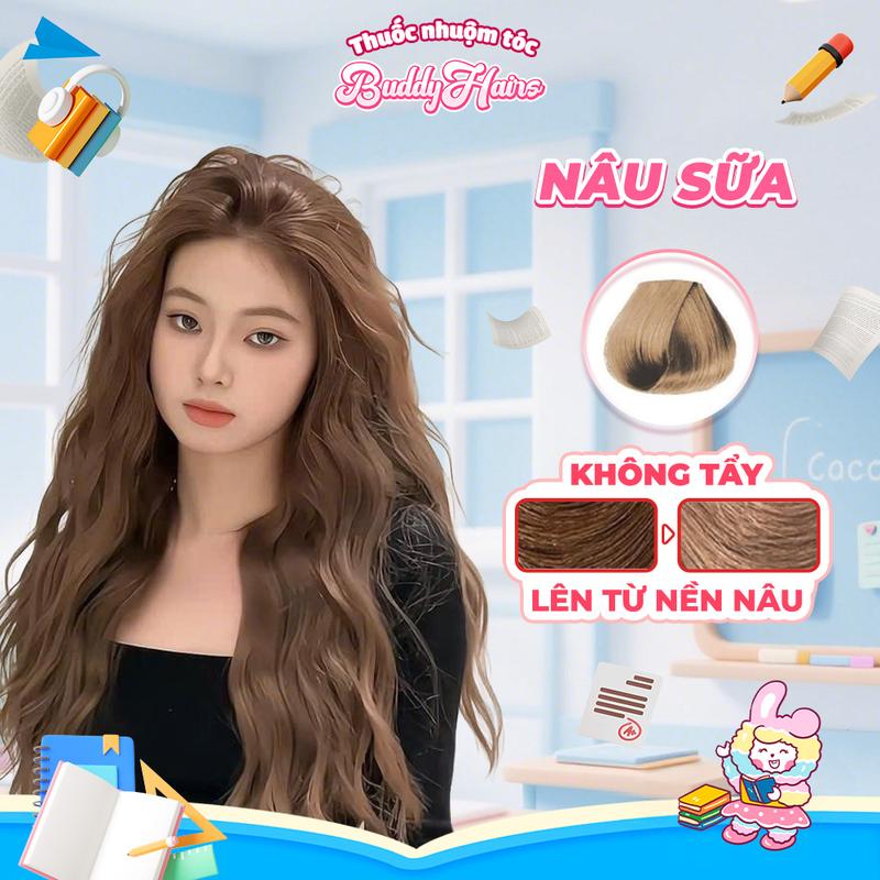 Thuốc nhuộm tóc NÂU SỮA , NÂU TRÀ SỮA không dùng Tẩy tóc của Buddyhairs tặng kèm găng tay , mũ trùm , trợ nhuộm