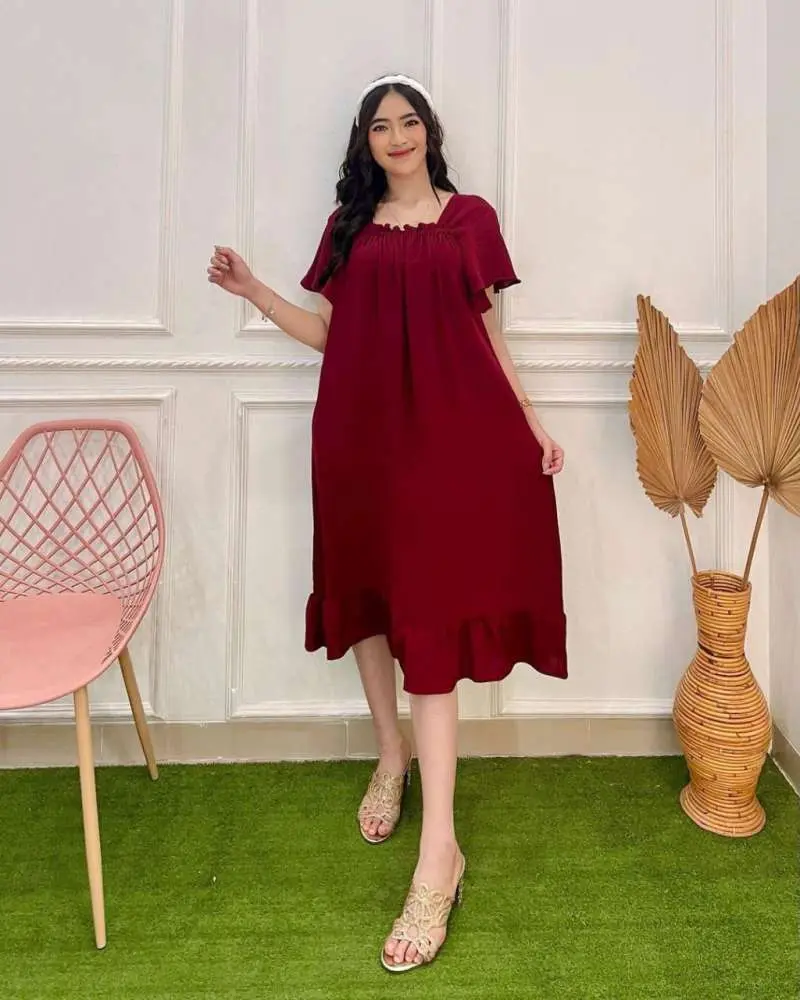 Daster Fuji Bahan Crinkle Airflow | Long Dress Fuji Daster Busui Jumbo Wanita Karet Nyaman Tidur