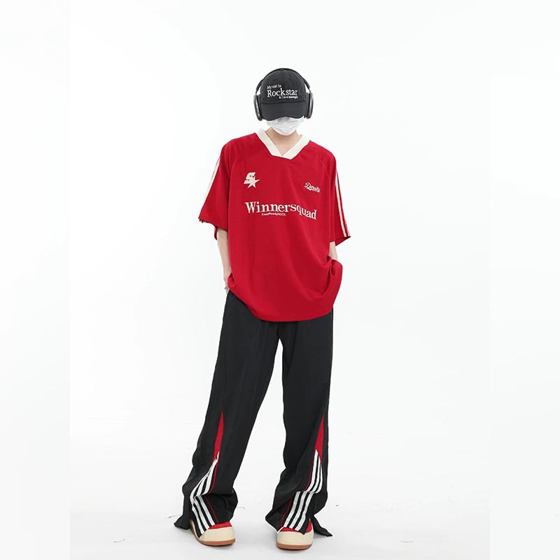 Product Introduction of Summer Heavy Embroidery American Retro V-neck Sports Casual Red Jersey Korean Short Sleeve Women's High Street Loose Couple T-shirt Fashion Brand Ins New Half Sleeve Men's Racing Clothes Top Black Basketball Shirt 10