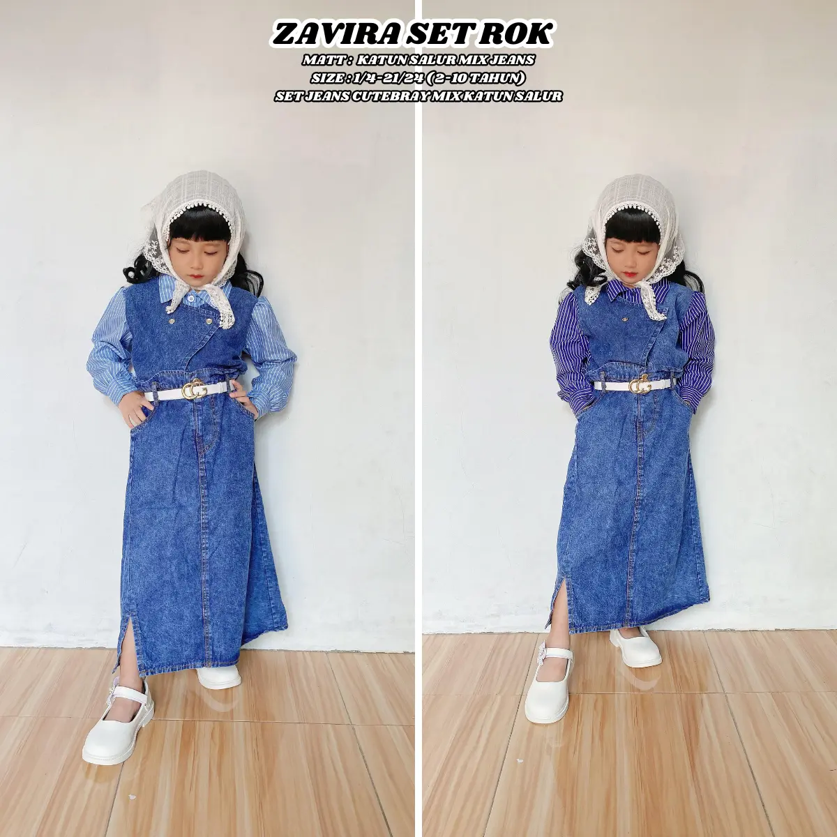 Set Rok Zavira Anak Perempuan Free Belt Model Rok Jeans Belah Bahan katun Salur Mix Jeans Premium Import Dari usia 3-12 Tahun || Alena Kids