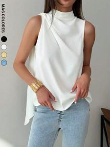 Camisa casual de mujer de color sólido, blusa sin mangas con frunces y dobladillo en A para mujer, blusas elegantes para mujeres, top plano de ajuste relajado para damas, cómodo para uso diario, perfecto para el día a día