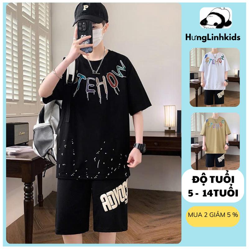 [Hưng Linh Kids ] Bộ Quần Áo Bé Trai -Bộ Quần Áo Vảy Sơn Quần In Chữ Boy Phố - Áo Thun Quần Rộng Ngầu Họa Tiết Loang Quần Áo Bé Trai 18-58kg - Chất Mát Ngắn Tay
