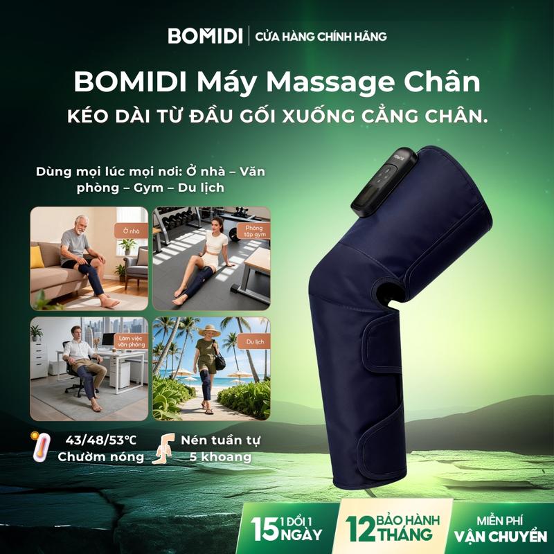 Máy Massage Chân BOMIDI Bắp Chân Đầu Gối – Túi Khí Nén 5 Khoang, Chườm Nóng 3 Mức 43/48/53°C, Rung Xoa Bóp, Không Dây Dùng Mọi Lúc Mọi Nơi – Cho Người Già, Dân Văn Phòng, Dân Gym