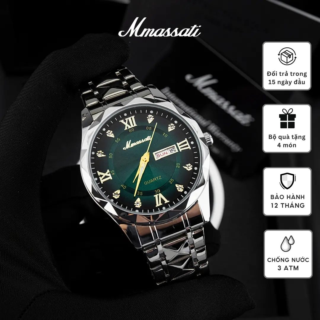 N562 [ AFF ] – Đồng Hồ Nam Thời Trang Mmassati Mặt Dial Chuyển Màu, Máy Pin Lịch Thứ Ngày Dây Thép Không Gỉ Sang Trọng