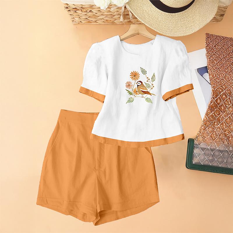 Bộ nữ HY3 Set bộ nữ áo tay ngắn thêu hoa tỉ mỉ quần short lưng thun mặc thoải mái thoáng mát chất đũi xước Nhật cao cấp
