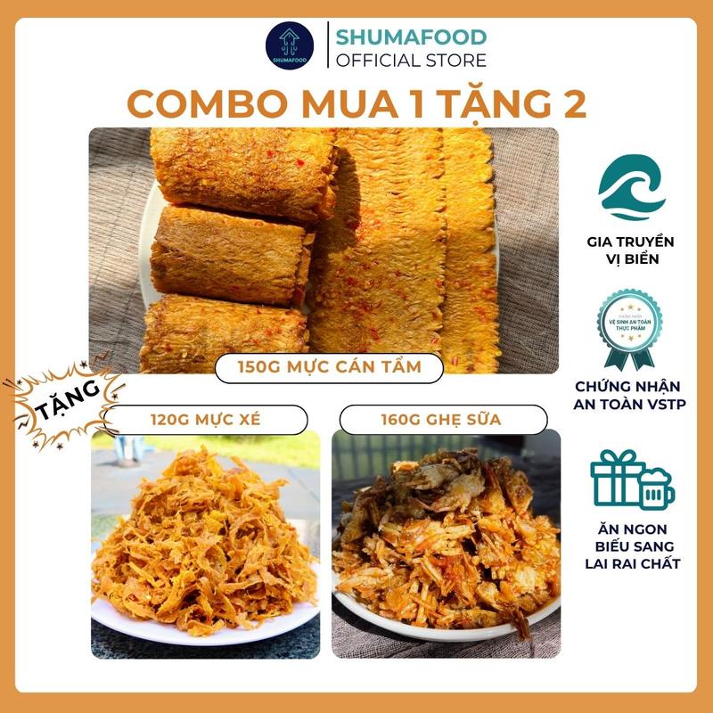 Mua 1 tặng 2 Mua 150g khô mực cán tẩm tặng kèm 160g khô ghẹ và 120g khô mực xé sợi chiên giòn ShumaFood snack ăn vặt
