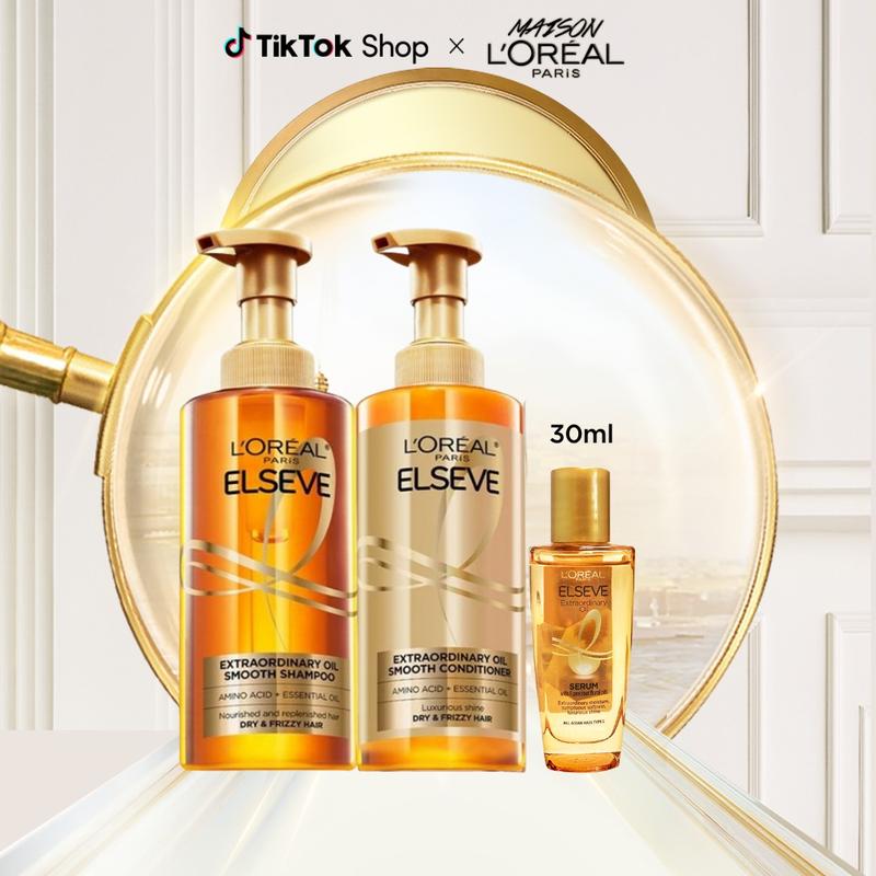  Bộ gội xả dưỡng tóc suôn mượt tóc cao cấp L'Oreal Paris Sleek 440ml x2 & Dầu dưỡng chiết xuất từ tinh dầu 30ml 