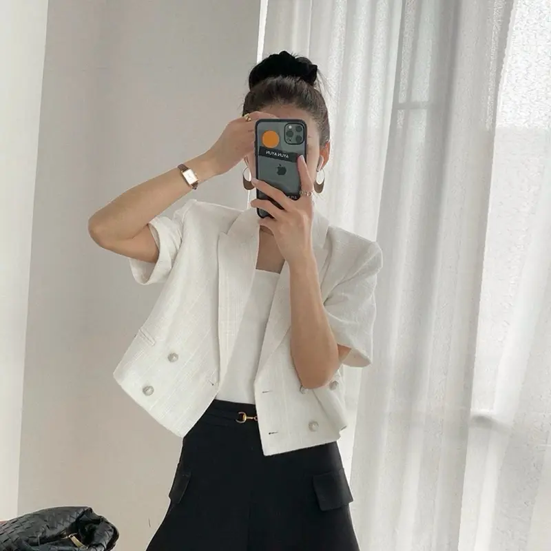 THE0NE Blazer Tweed Tipis Lengan Pendek Model Leher V // Tweed Blazer Top Casual For Daily / 2