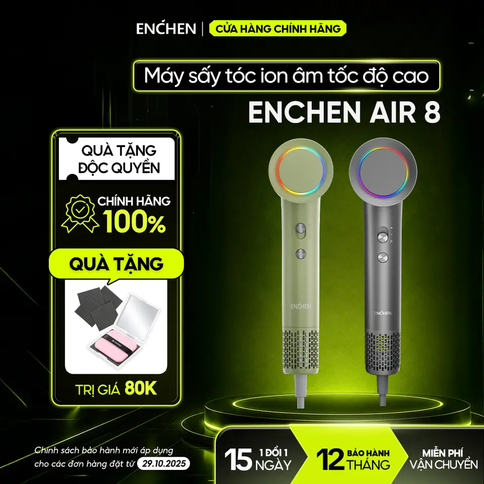 Máy sấy tóc tốc độ cao Enchen Air8 - 8 chế độ sấy linh hoạt 1500W - bảo vệ chăm sóc tóc - BH 12 tháng