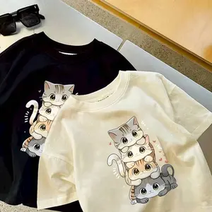 Baju Kaos Anak Laki-laki dan Perempuan 1-13 Tahun Fashion Anak Motif Kucing Lucu untuk Tampilan Stylish