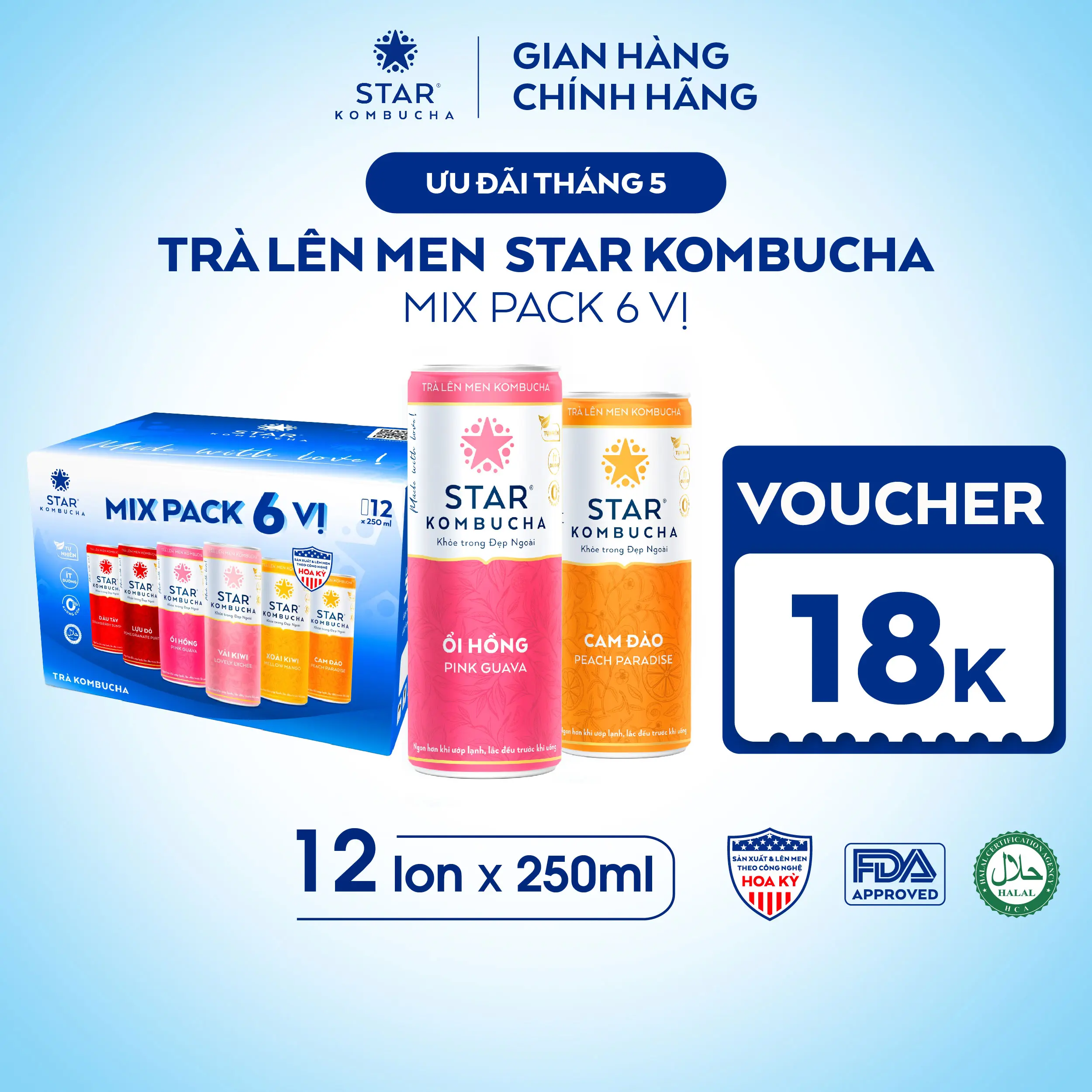 Thùng 12 Lon Trà Lên Men STAR KOMBUCHA Mix 6 Vị 250ml - Thức Uống Bổ Sung PROBIOTICS Tự Nhiên Từ Trà, SCOBY Và Thảo Mộc