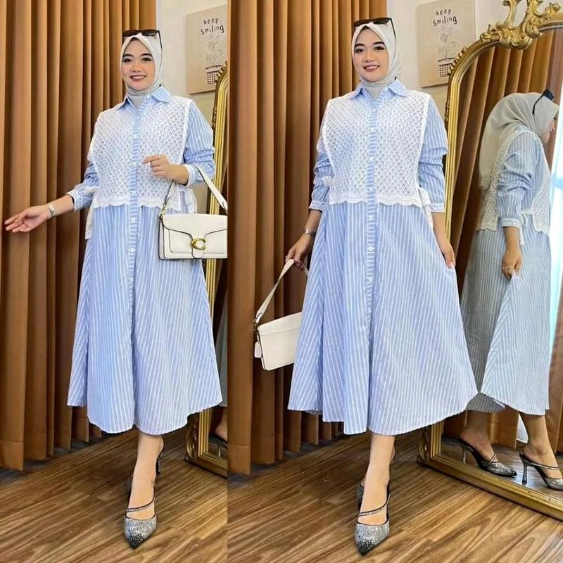 Long dress Tunik wanita Burkat Terbaru/Dress Tunik salur Ful kancing Kekinian/Tunik dress midi motif kombinasi Burkat Premium 3