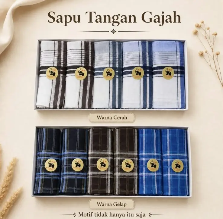 1 Kotak 6 Pcs Saputangan Pria Katun GAJAH - Variasi Warna Coklat Muda  / Coklat Tua