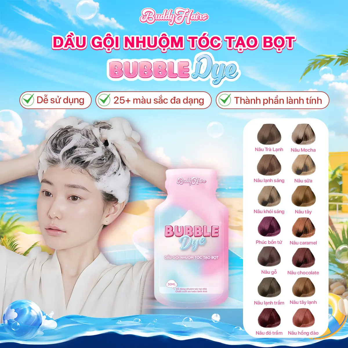 Dầu gội nhuộm tóc tạo bọt, thuốc nhuộm tóc dạng bọt Bubble Dye 25+ màu nhuộm đa dạng chiết xuất lành tính | Thuốc nhuộm tóc BuddyHairs