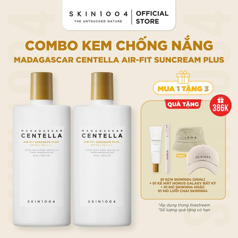[SummerCamp][Tặng 1 kem chống nắng 20ml+1 mũ Skin1004 bất kì+1 kẻ mắt Horus Galaxy] Skin1004 Combo 2 Kem chống nắng vật lý Madagascar Centella Air-Fit Suncream Plus SPF50+PA++++ 50ml