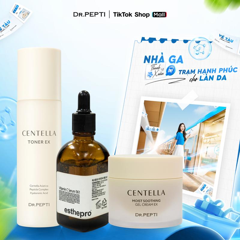 Combo Sáng Da, Mờ Thâm M/ụ/n - Nước Hoa Hồng Toner Dr.Pepti 180ml, Serum Vitamin C 561 Esthemax 100ml, Kem Dưỡng Centella Dr.Pepti EX 70ml Hỗ Trợ Làm Sáng Da, Đều Màu Da, Mờ Thâm M.ụ.n