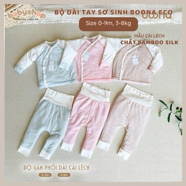  Bộ Dài Tay Sơ Sinh  Boona  Chất Tăm Pettit Khuy Cài Lệch Quần Cạp Cao Lêch Cạp Cao Mềm Thoáng Cho Bé 3-7Kg 