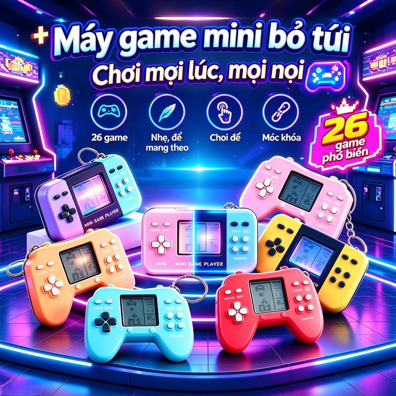 Máy chơi game mini phong cách retro dạng móc khóa, món đồ chơi cực kỳ phổ biến, có 26 trò chơi cổ điển, chơi được mọi nơi.