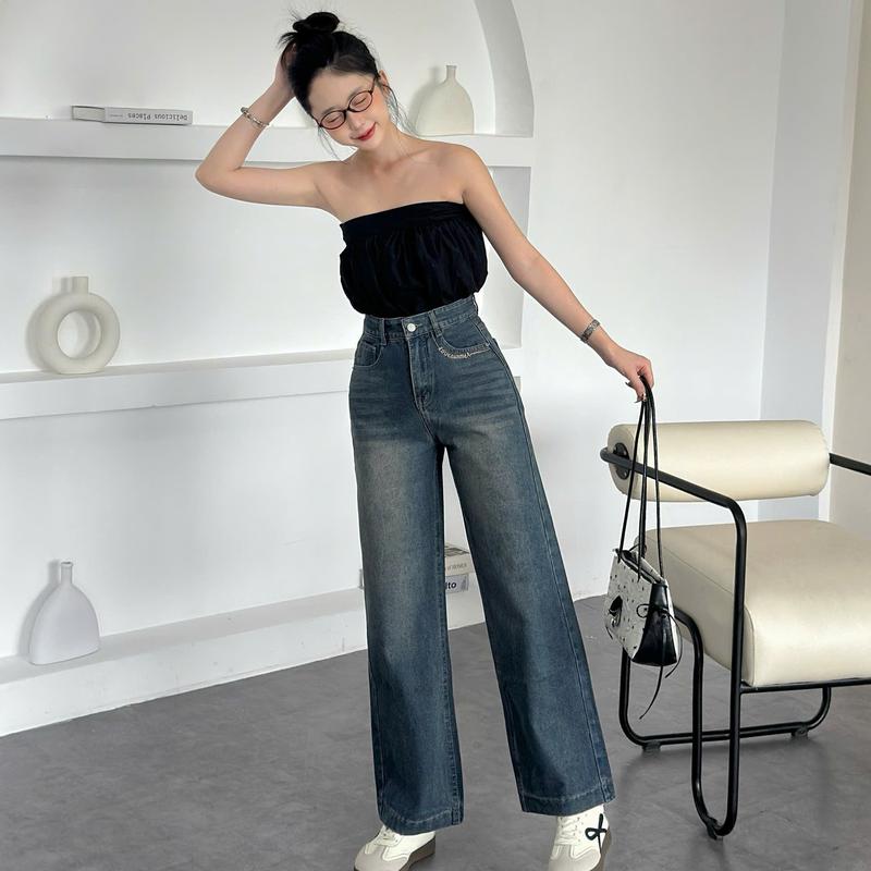   Dài 95-100cm  Quần Jeans Nữ Quần Ống Suông Cạp Cao Thêu Chữ Lai Bản 3p Vải Mềm Mịn 40-65kg 