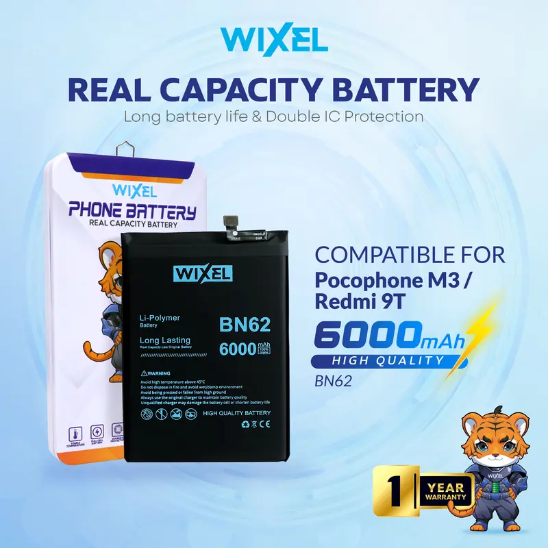 WIXEL Baterai Compatible For Poco M3 Redmi 9T BN62 Real Capacity Batre Batrai Battery Double Power Dual BN 62 0