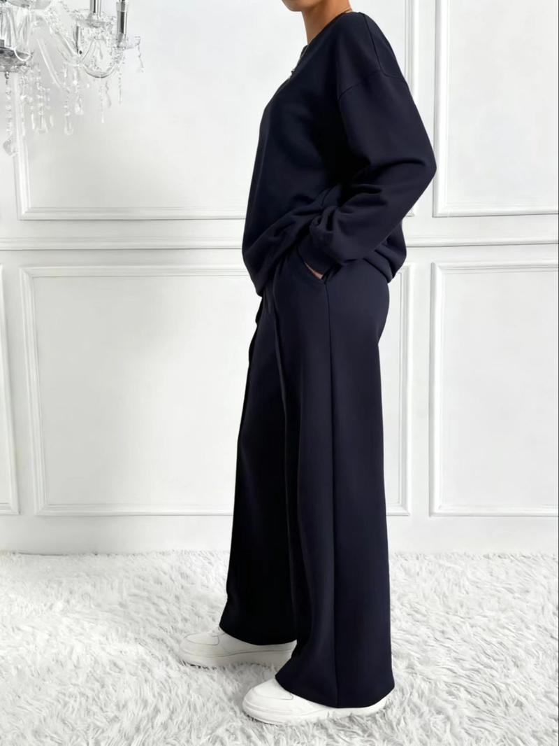 Women's Casual Two-Piece Set, Round Neck Long Sleeve Top & Pants, Pure Color Fashion, Comfortable Daily Wear Women's Casual Two-Piece Set, Round Neck Long Sleeve Top & Pants, Pure Color Fashion, Comfortable Daily Wear