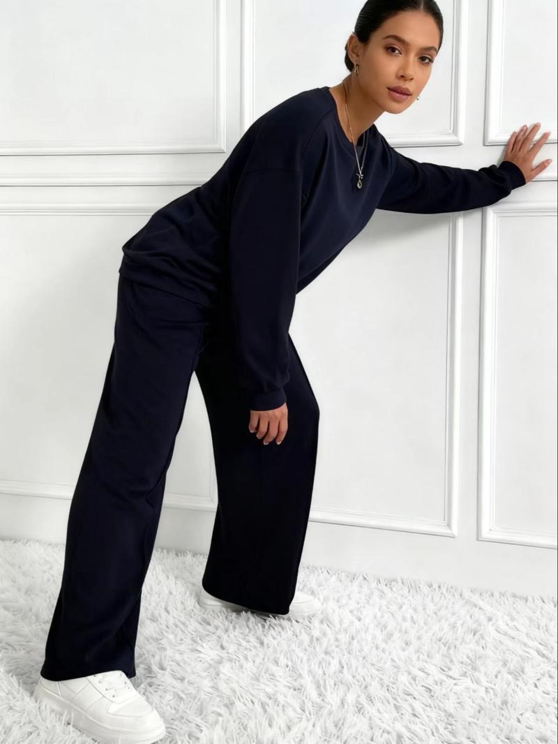 Women's Casual Two-Piece Set, Round Neck Long Sleeve Top & Pants, Pure Color Fashion, Comfortable Daily Wear