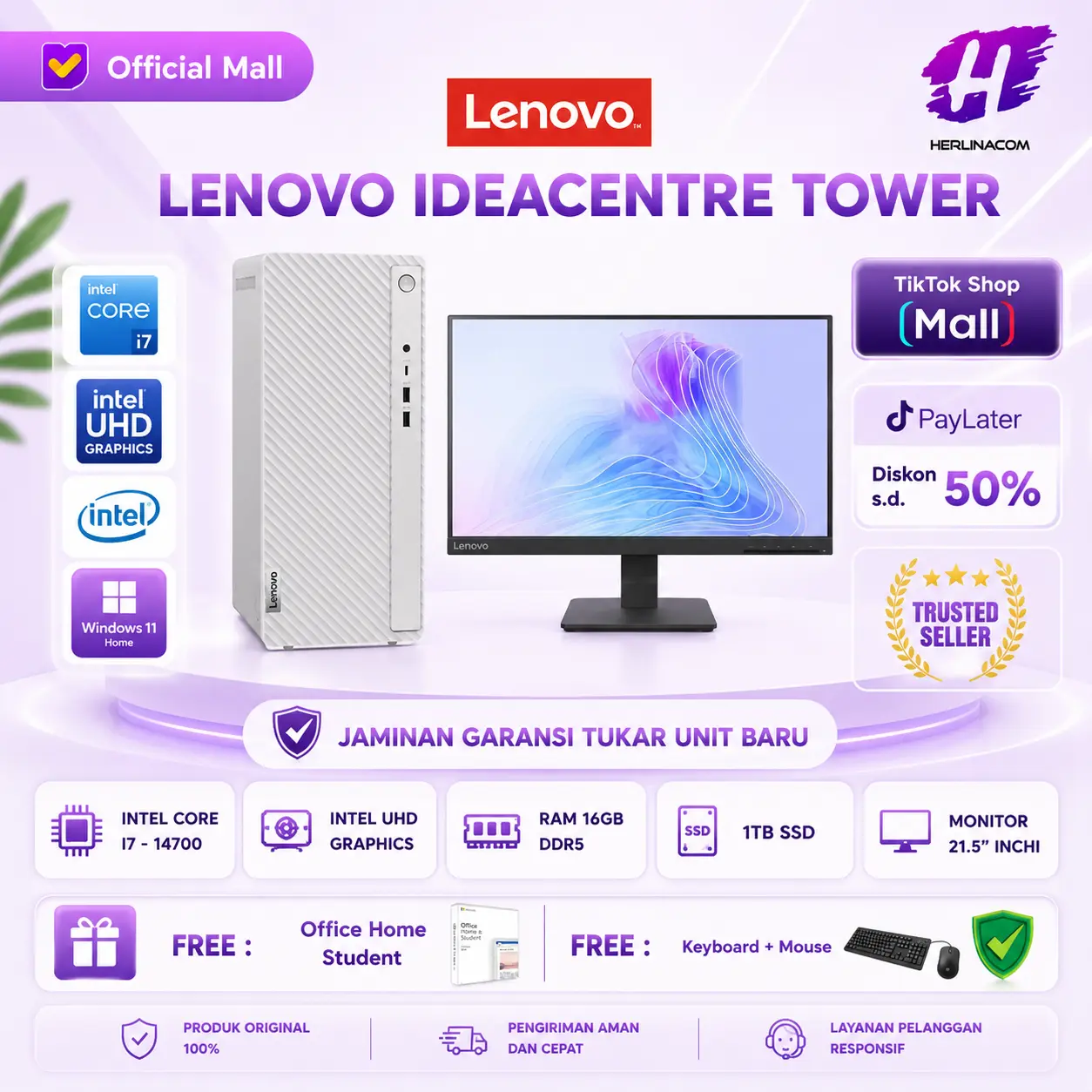 Lenovo Ideacentre Tower Intel Core i7-14700 16GB RAM 1TB SSD Win 11 OHS Gratis Monitor 21.5" Garansi Resmi