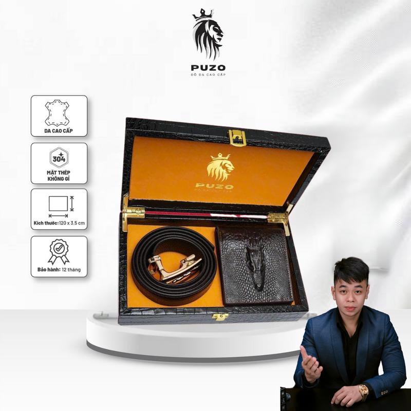 HNGLUXURY2 x PUZO KÈM HỘP Combo Thắt Lưng & Ví Nam PUZO Họa Tiết Dập Vân Khóa Tự Động Hợp Kim Không Rỉ Không Bong Tróc