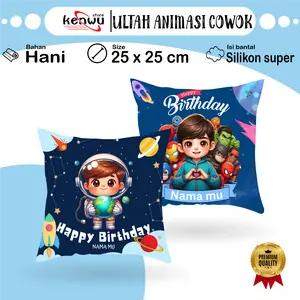 Bantal Ultah Animasi Cowok 25x25 cm - Kado Ulang Tahun Cwok - Birthday Gift - Bantal Ulang tahun - Happy Birthday - Kado