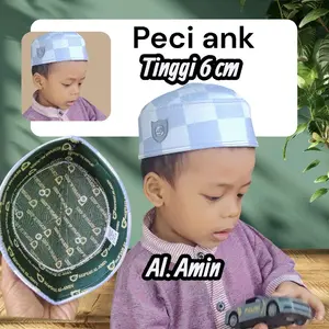 Al Amin Peci Anak Tinggi 6 cm Motif Kotak-Kotak Biru Putih untuk Anak-anak
