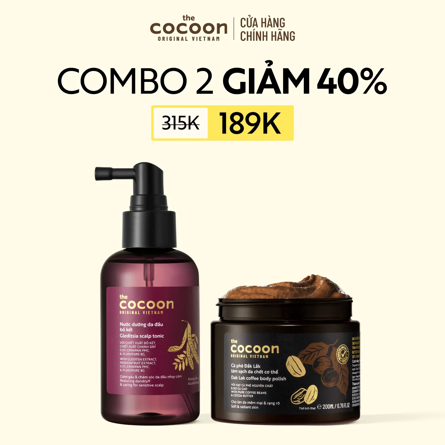 Ảnh đại diện COMBO 1 Nước dưỡng da đầu bồ kết Cocoon 140ml + 1 Hũ Cà phê Đắk Lắk làm sạch da chết cơ thể 200ml