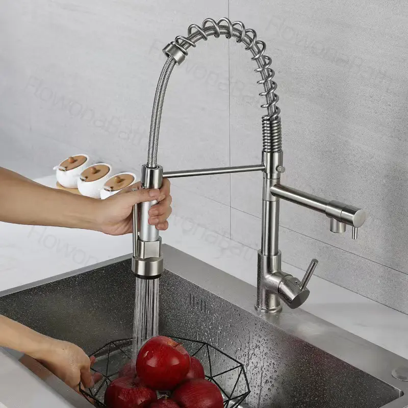 304 Stainless Steel Pull Out 2 in 1 Spring 360 ° Rotary Kitchen Faucets Hot and Cold Water Mixing Faucet Kitchen Sink Water Saving Tap
