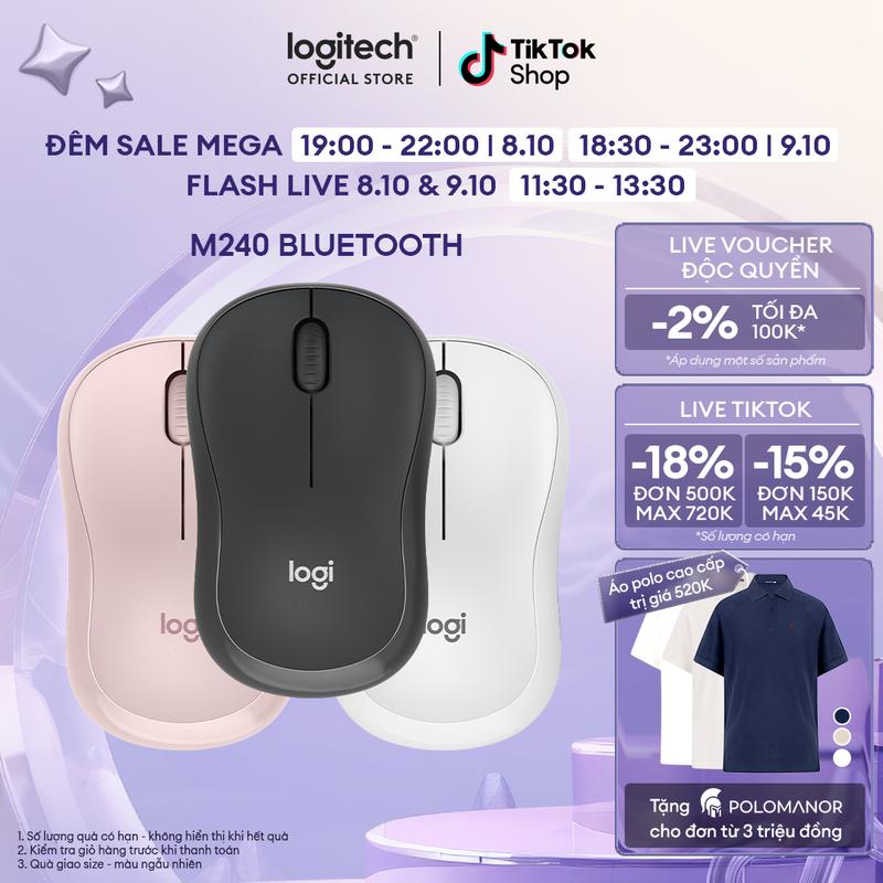 Chuột không dây Bluetooth (Không kèm USB) Logitech M240 Silent - Nhỏ gọn, Di động, Theo dõi mượt mà, Pin 18 tháng, tương thích với nhiều thiết bị