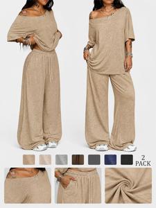 Conjunto deportivo casual de dos piezas para mujer en color sólido, pantalón largo holgado y traje de pantalón con cuello inclinado y pierna ancha, moda primavera y otoño