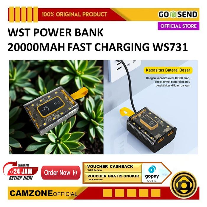 Gambar WST Power Bank 20000mAh Fast Charging PD 3in1 Cable Dual USB Port 10W - WS731 - Black dari Camzone Official Kota Administrasi Jakarta Selatan Tokopedia