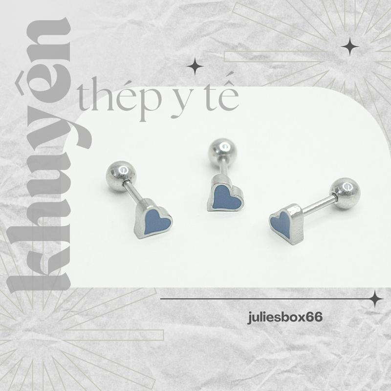 1 Chiếc BẤM Khuyên tai Unisex Tim Nền Xanh Dương Nh Không Gỉ Sét Không Ngứa Không Đen Julies Box 66