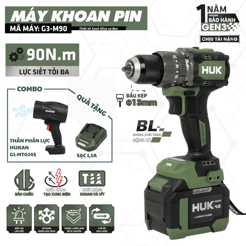  Máy Khoan Pin 13mm Hukan G3 - M90 Tặng Thân Phản Lực Hukan 3 Chức Năng Lực Siết 90N Không Chổi Than Bảo Hành 6 Tháng 
