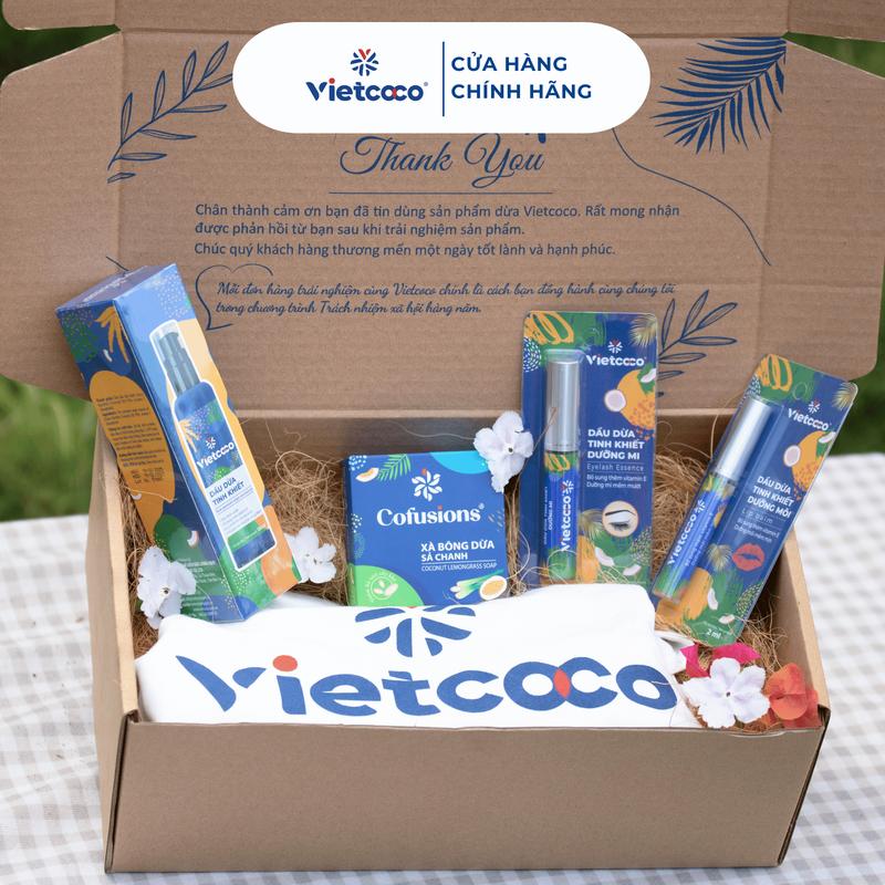 COMBO VIETCOCO YÊU THƯƠNG MẸ Dầu dừa tinh khiết mỹ phẩm Vietcoco 130ml + Dưỡng mi + Dưỡng môi + Xà bông dừa + Túi vải