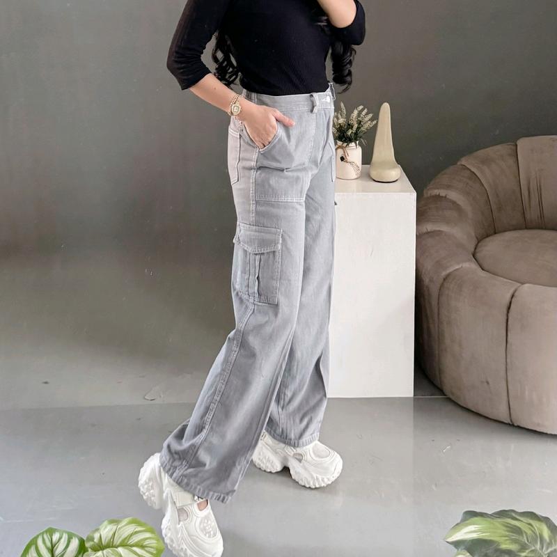 Naysqii-Highwaist Kulot Cargo Jeans Wanita - Celana Panjang Wanita Cewek Hitam Kancing Karet Samping Nyaman Formal Tebal 1