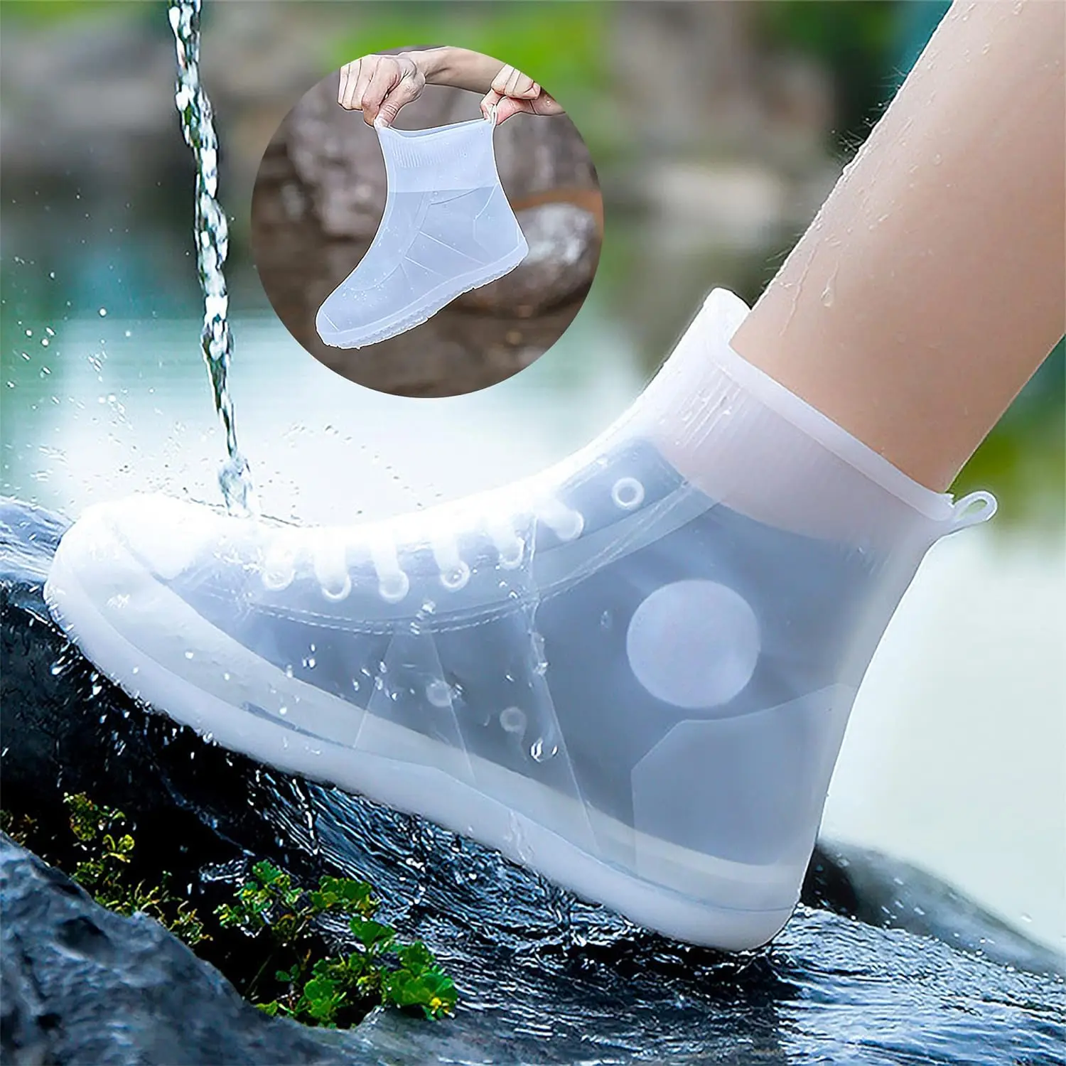 Waterproof rain shoe covers, reusable foldable rain boots, non slip rubber soles, protective covers for cleaning camping and travel rain shoes