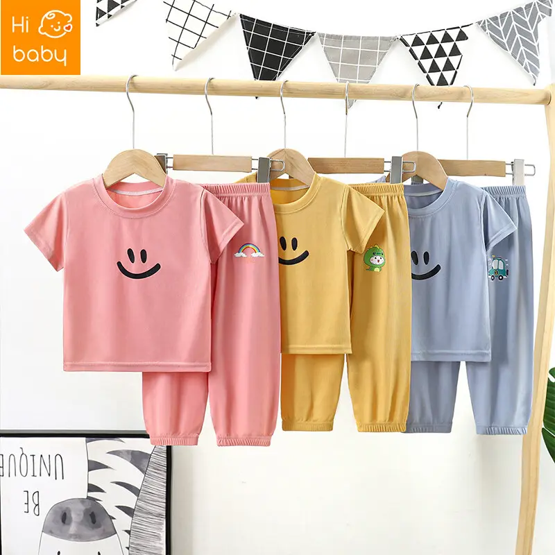 Sut lengan pendek sutera ais untuk kanak-kanak perempuan, pakaian rumah kasual gaya Korea, baju tidur berikat buku lali, seluar anti nyamuk musim panas
