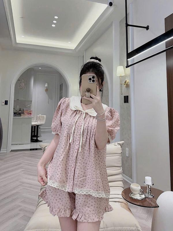 Bộ Đồ Đũi Vân Mây Cổ Sen Viền Ren Chất Mịn Mát 0