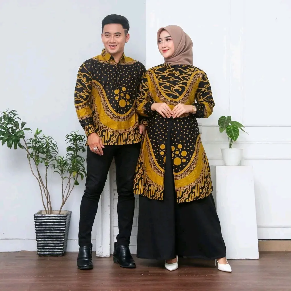 Gamis batik couple borobudur- Gamis batik terbaru- Gamis Borobudur batik kombinasi batik couple full Katun Muslim Baju Keluarga Sarimbit