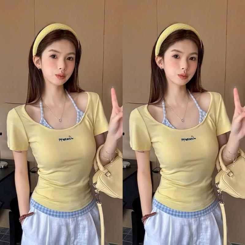 XẢ KHO Áo kiểu phối yếm karo viền xinh xắn chất cotton borip form babytee thêu chữ